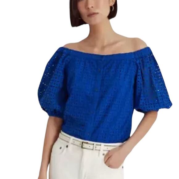 Lauren Ralph Lauren Eyelet Cotton Off The Shoulder Button Up Blouse SZ 2X Plus - Picture 1 of 6